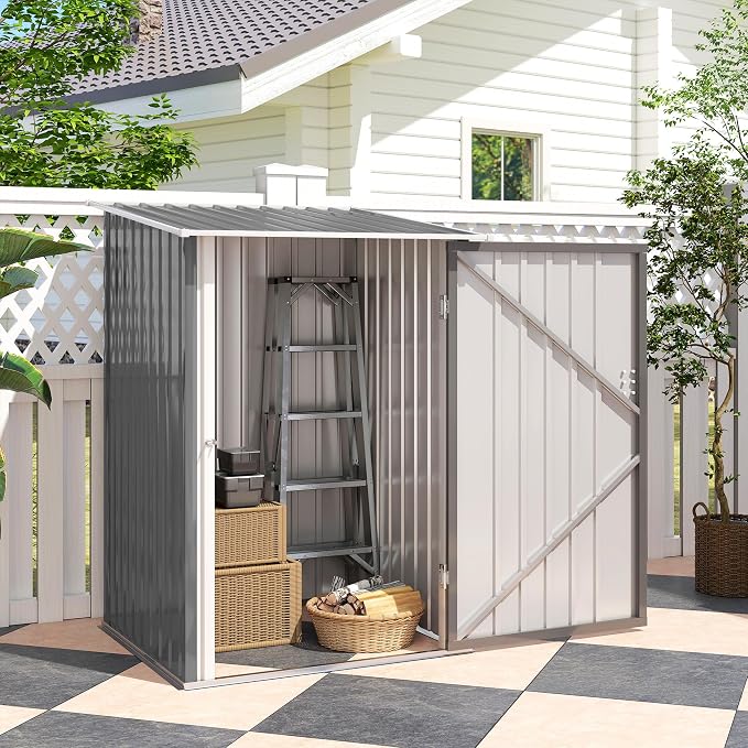 Outsunny 3.3' x 3.4' Outdoor Storage Shed, Metal Garden Tool House with Sloping Roof and Lockable Door for Backyard, Bike, Patio, Garage, Lawn, Gray