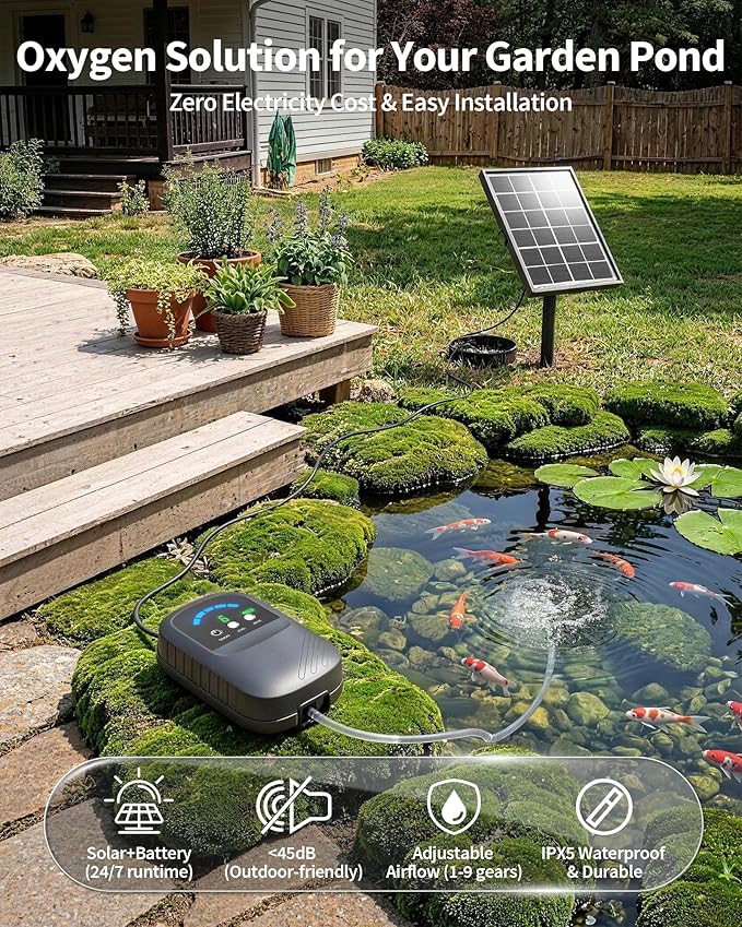 POPOSOAP Solar Pond Aerator, Solar Air Pump with Adjustable Airflow, Quiet Solar Pond Oxygen Pump for Koi Pond, Garden Pond, Fish Tank, Hydroponics