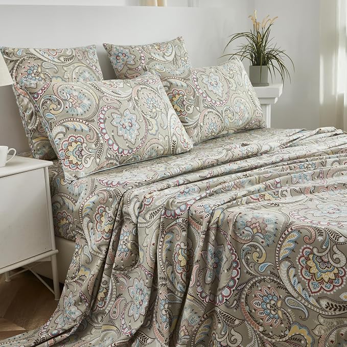 FADFAY Paisley Sheets Set Cal King Vintage Floral Bedding 100% Egyptian Cotton Soft Bed Sheets Luxury 17.7“ Deep Pocket Fitted Sheet Shabby Beige Boho Style for All Season, California King Size