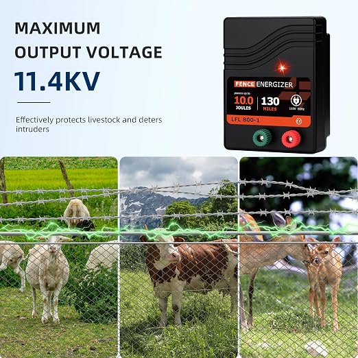 Electric Fence Charger AC Powered 110 Miles, 110 Volt 10 Joule Plug-in Electric Fence Energizer, Output Voltage Max 11.3 KV for Livestock, Preventing Predators from Intruding