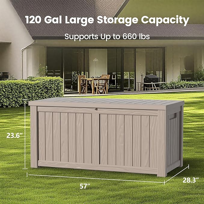 Zapdos Outdoor Storage Box, 120 Gallon Deck Box with Stainless Steel Rods, Waterproof Large Resin Storage Bin for Patio Cushions Garden Tools, Lockable Outside Storage Box, Grey