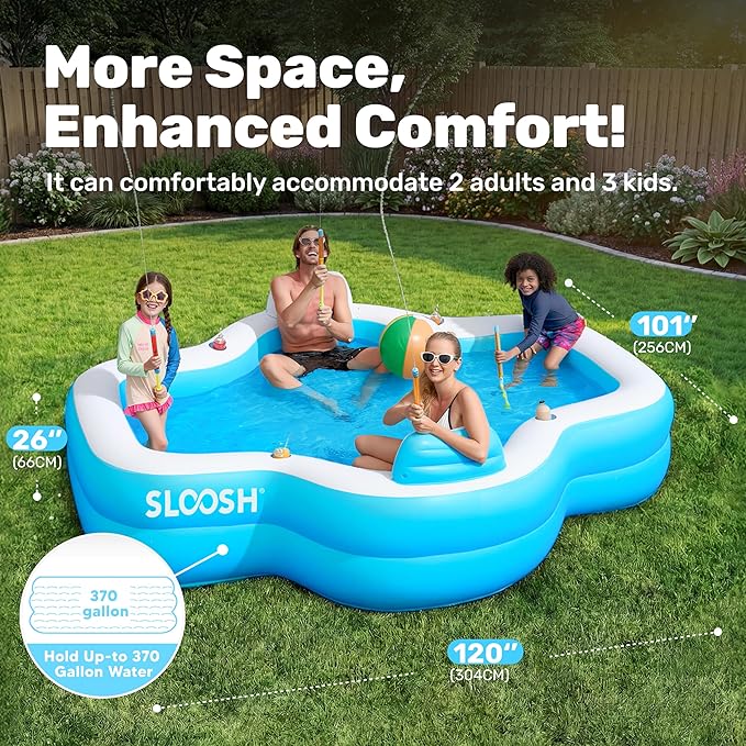 SLOOSH Inflatable Pool for Family with Seats, 120" x 101" x 26" Full-Sized Blow Up Durable Thickened Above Ground Pool with Backrest Cup Holders,Swimming Pools for Backyard Summer Water Lawn, Blue