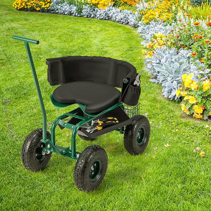 Rolling Garden Seat with Wheels, Garden Cart with 360° Swivel Seat for Planting, Garden Stool Scooter with Replaceable Handle & Removable Cushion, Height Adjustable Outdoor Gardening Workseat