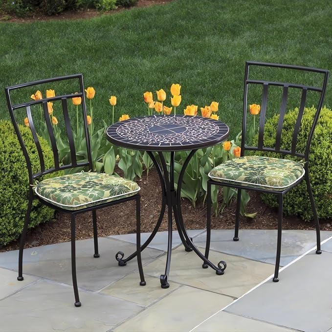 DYTXIII Set of 2 Outdoor Chair Cushions with Ties, Water Repellent Patio Chair Pads 17"x 16" for Outdoor Furniture, Round Corner Seat Cushions for Garden Yard Kitchen Green Rose