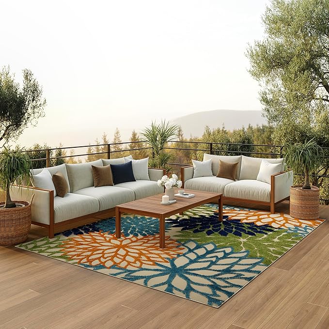 Nourison Home Aloha 108" x 144" Contemporary Fabric Indoor/Outdoor Rug with Serged Edges, for Living Room/Patio/Porch/Deck, in Multi-Color Finish