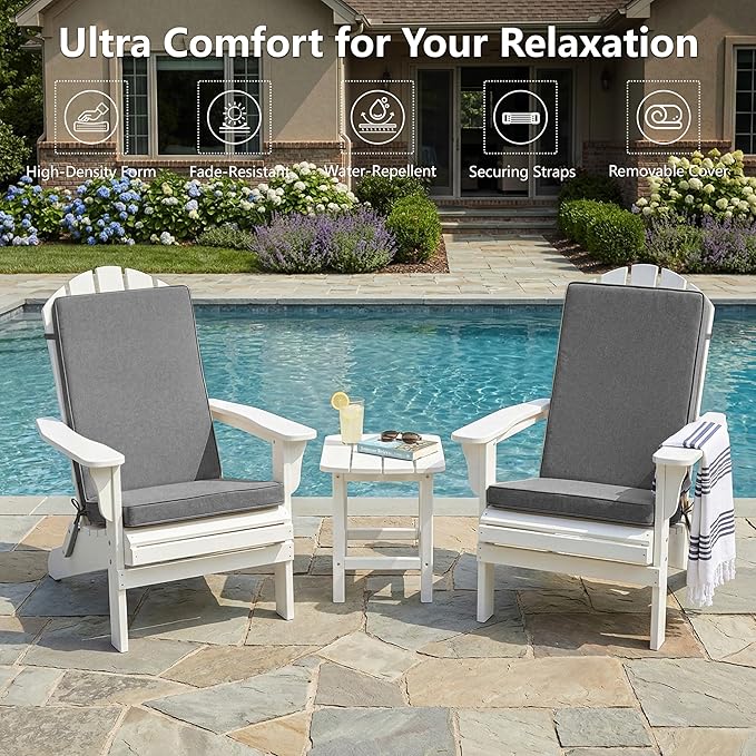 Adirondack Chair Cushions Set of 2 - Removable Covers, Water-Repellent & Fade-Resistant Faux Linen, Securing Straps, Non-Slip Bottom, Fit for Most Outdoor Adirondack & Rocking Chairs - Dark Grey