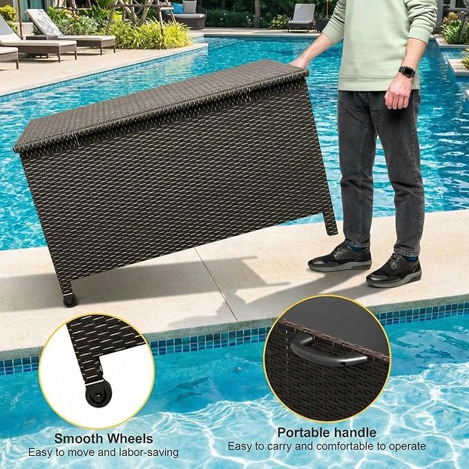 125 Gallon Wicker Deck Box, All-Weather Outdoor Storage Bin with Rattan Finish, for Patio Furniture, Cushions, Pool Supplies & Garden Tools (Brown)