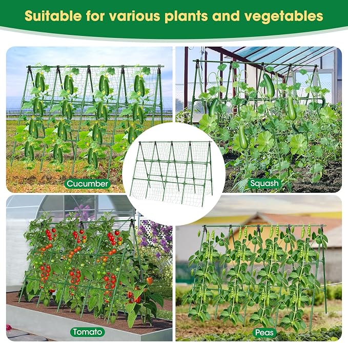 71" x 51" Cucumber Trellis for Raised Bed, A-Frame Garden Trellis for Climbing Plants Outdoor, Rust-Proof Metal Support for Tomato, Peas, Beans, Zucchini & Vines, with Netting & Clips