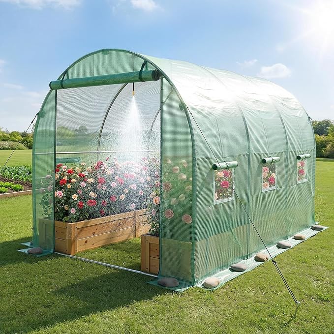 VEVOR Walk-in Tunnel Greenhouse, 10 x 7 x 7 ft Hoop House Greenhouse Tunnel with Watering System, Plant Hot House with Steel Frame, PE Cover, Roll-Up Zipper Door and 6 Windows for Outdoors, Green