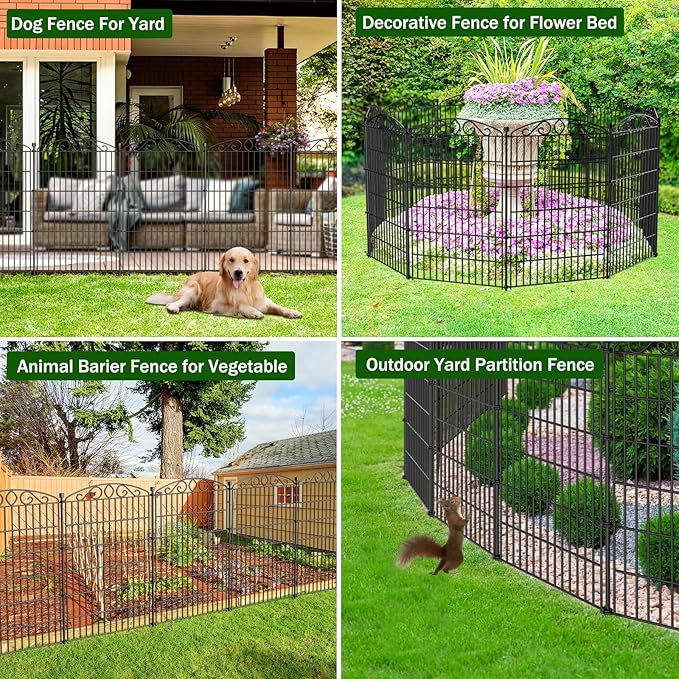 12 Panel No Dig Decorative Garden Fence - 42in H x 25.67 ft L, Tall Animal Barrier for Dogs Rabbits, Rustproof Metal Wire Panels for Yard, Patio, and Outdoor Border Use