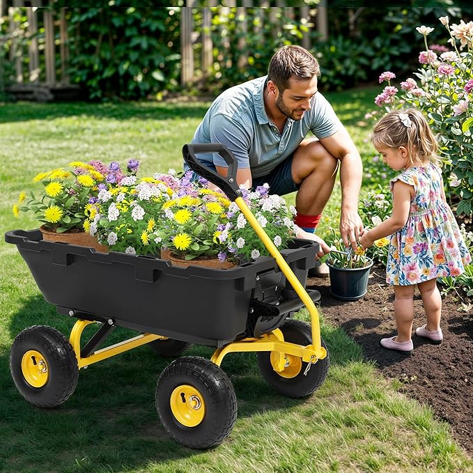 Garden Dump Cart 900Lbs, 2026 Upgraded Heavy Duty Wheelbarrow Dump Wagon with 10" Non-Slip Pneumatic Tires & Quick-Release Dumping, 4-Wheel Steel Frame Utility Carts for Yard,Farm and Garden