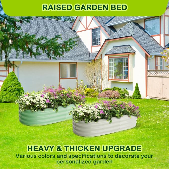 GarveeLife 2 Pcs 4.5x2x1.5ft Oval Raised Garden Bed,Galvanized Raised Beds,Open-Ended Base Metal Raised Planter Beds,Garden Bed Outdoor,Planter Raised Boxes for Vegetables,Flowers,Tool-Free Asse,Green