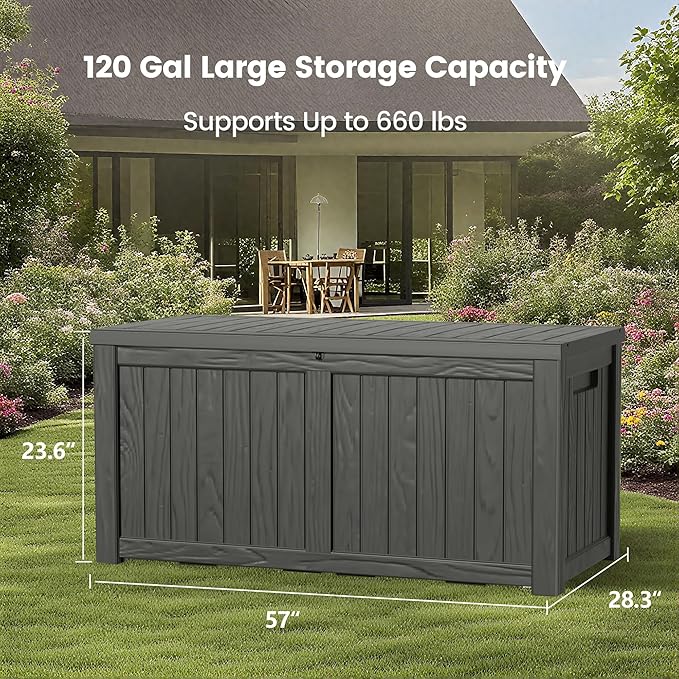 120 Gallon Outdoor Storage Box - Waterproof Resin Deck Box with Stainless Steel Rods - Lockable & Fade Resistant Storage Bin for Patio Cushions & Garden Tools, Black
