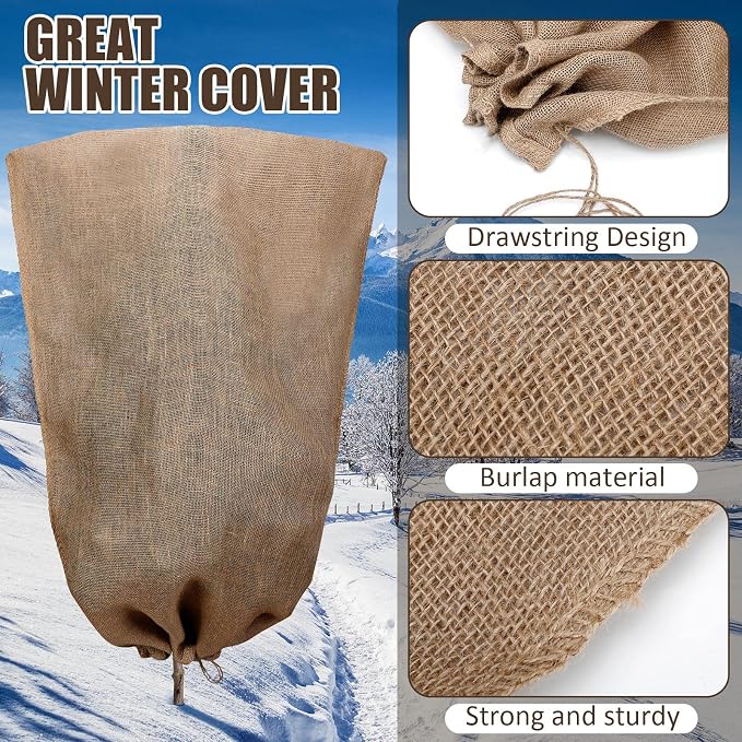 Woanger 8 Pcs 40 x 56 Inch Burlap Winter Plant Cover Bags Reusable Warm Large Plant Frost Protector with Drawstring Freeze Protection Tree Freeze Blanket for Outdoor Garden