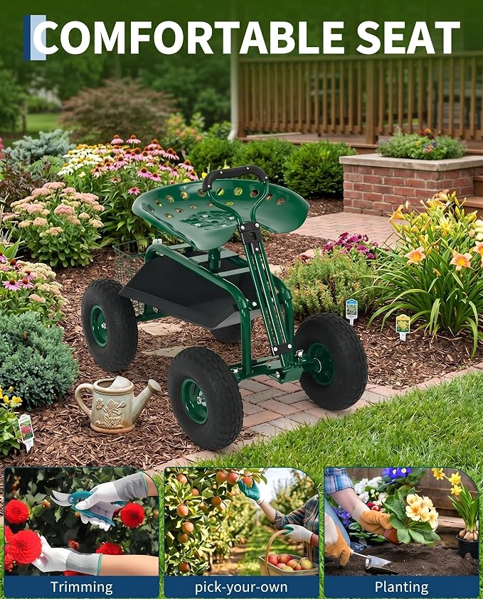 Garvee Heavy Duty Garden Seat, Garden Scooter Rolling Work Seat, 360° Swivel with 10-Inch All-Terrain Inflatable Tires, Extendable Steering Handle & Metal Tool Tray for Planting, Weeding, Yard Work