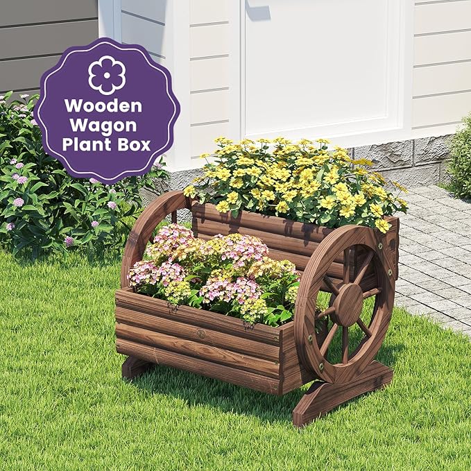 Wooden Wagon Planter Flower Cart Farm Stand Garden Decor Planter for Outdoor Patio Balcony Decoration,Rustic Farmhouse Wishing Well Decor Succulent Planter Indoor Backyard (Carbonized)
