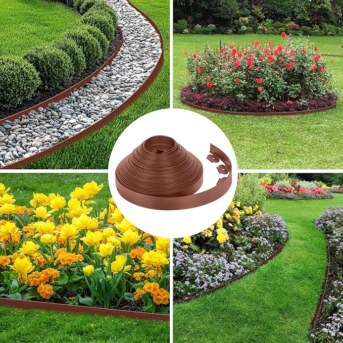 4-Inch x 33 FT Landscape Edging Border with 50 Spikes, Garden Edging Lawn Border Kit, Plastic Edging Border Flexible for Garden Flower Beds Lawn Yard Pathway (Brown)