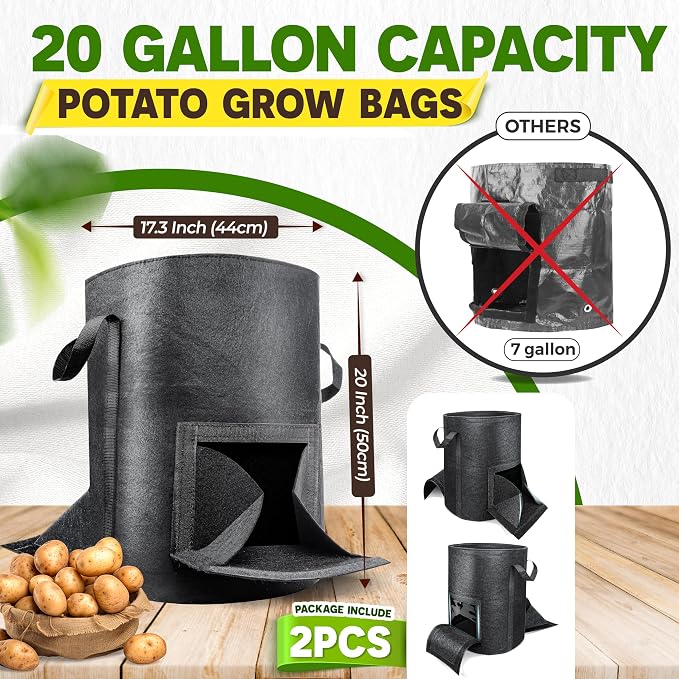 [Upgraded] 2PCS 20-Gallon Potato Grow Bags with Unique Harvest Window, Visible Window, Garden Planting Bag with Reinforced Handle, Nonwoven Fabric Pots for Tomato, Potato Growing Container - Black