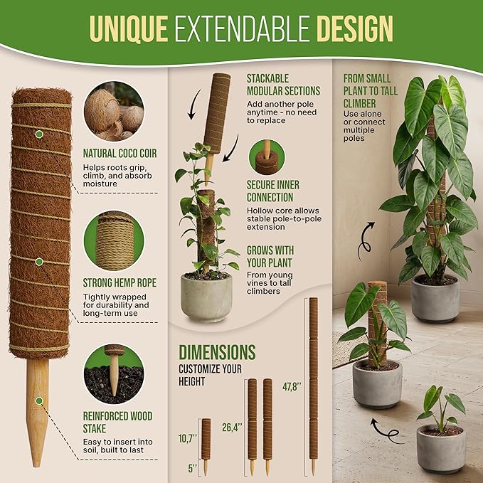 Organo Republic Moss Pole Monstera Plant Support Stakes - Unique Self-Watering, Extendable Coco Coir Pole for Climbing Plant Supports for Potted Plants Indoor for Monstera, Pothos & More