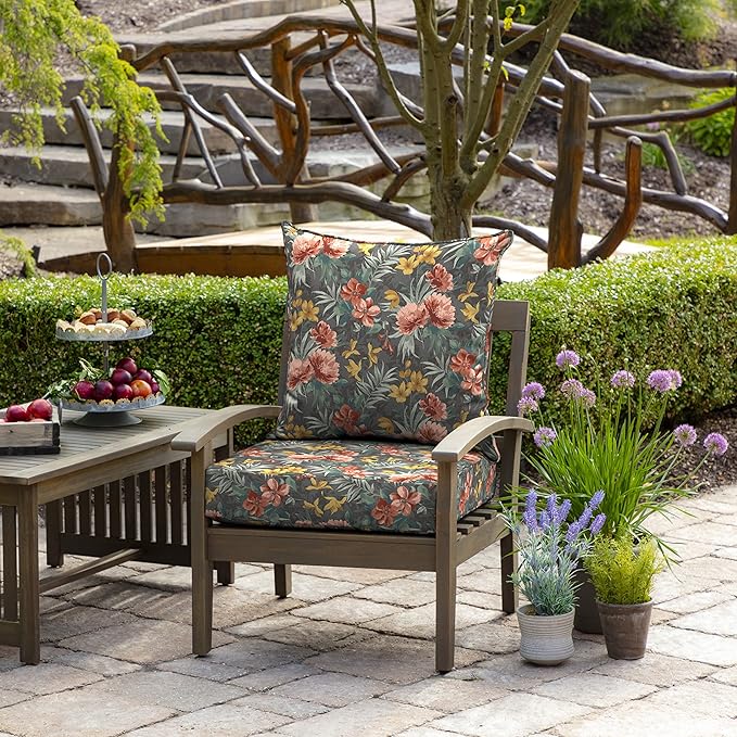 Arden Outdoor Deep Seat Cushion Set (2-Pack), 24 in x 24 in, Weather-Proof, Rain-Proof, Fade Resistant Patio Cushion for Chair, Sofa, and Couch Phoebe Grey Floral