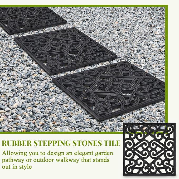 Pangda 16 Pack Rubber Stepping Stones Outdoor 15x15 Inch Garden Path Tiles Non Slip Walkway Pavers Heavy Duty Decorative Mats for Outside Patio Lawn Pathway Gravel Dirt Grass Yard (Black)