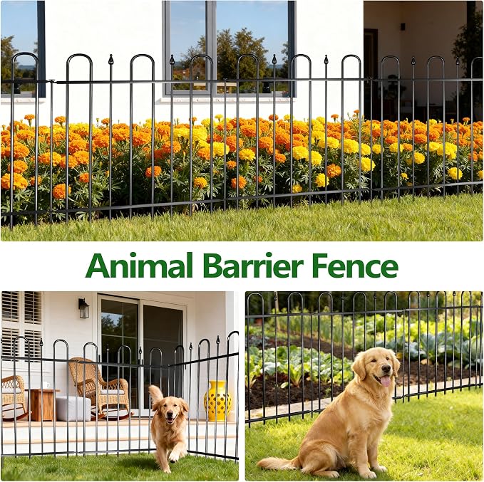 12.1ft(L) x 32.3in(H) 5 Panels Metal Decorative Garden Fence with Gate, No Dig Animal Barrier Fence, Garden Border Fence Panels with Ground Stake, for Pets, Flower Bed, Yard, Patio