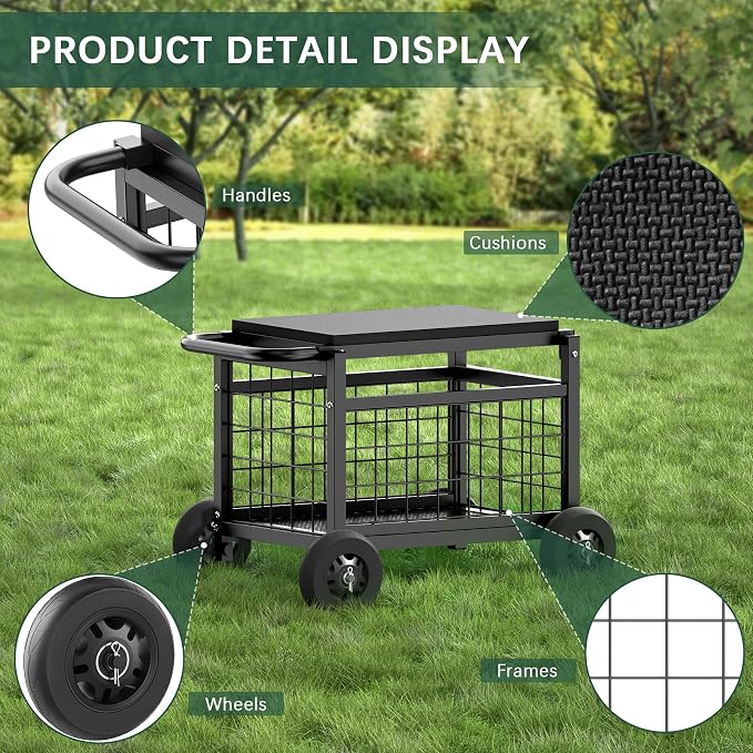 FLINTER Rolling Garden Work Seat with Wheels, Heavy Duty Garden Cart with Seat - Metal Rolling Garden Stool, Upgraded Gardening Cart for Seniors, Outdoor Wagon for Lawn, Patio Gardening, Black