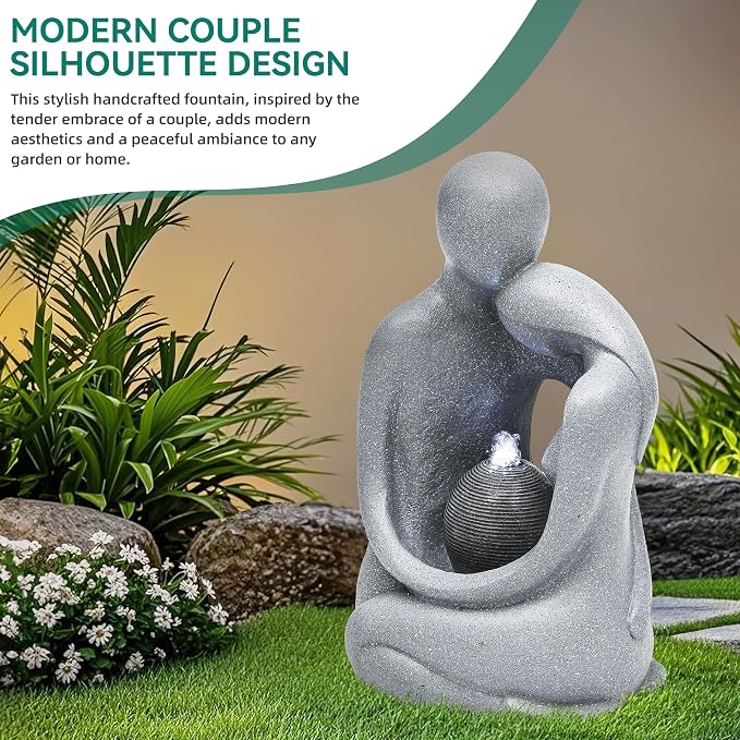 AUTODAYA 20.9in Hugging Couple Outdoor Water Fountain with LED Lights, Modern Couple Silhouette Garden Water Fountain for Patio, Yard,or Indoor Décor