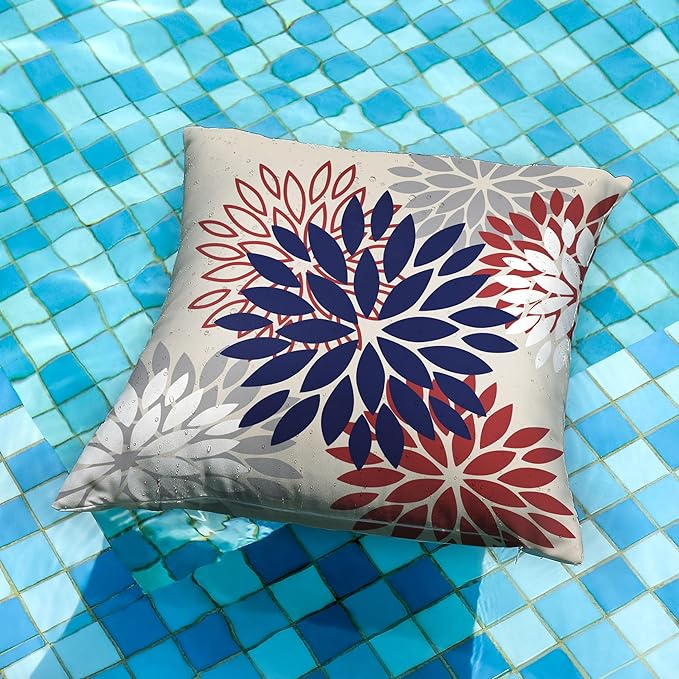 DFXSZ 4th of July Pillow Covers 18x18 Inch Set of 2 Patriotic Blue Red Floral Outdoor Waterproof Decorative Throw Pillows Polyester Pillow Covers Decor for Patio Funiture Garden Couch 002H18