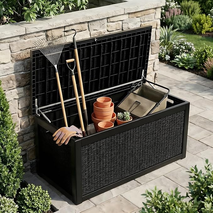 265 Gallon Resin Deck Box Outdoor Storage Chest, Large Waterproof Patio Storage Box All-Weather Garden Storage Container for Cushions, Pool Supplies, Yard Tools – Easy Assembly, Lockable Lid