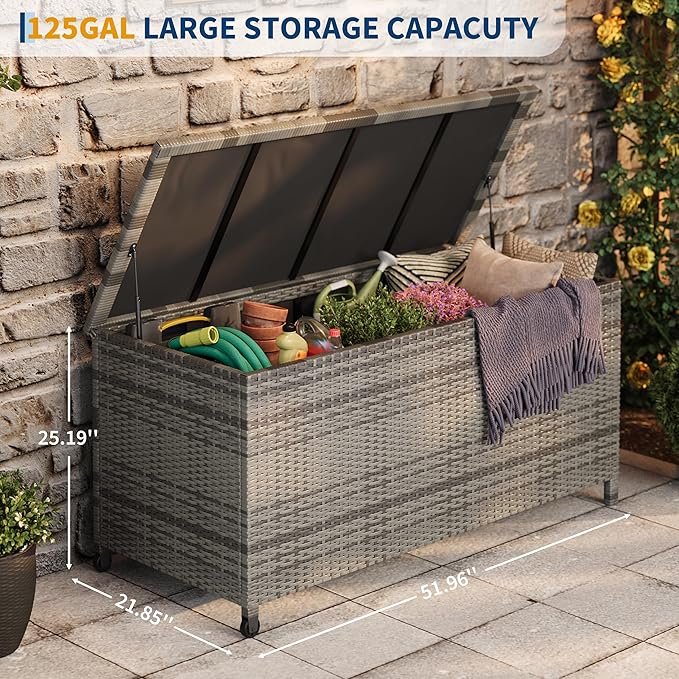 125-Gallon Outdoor Deck Box with Wheels, Waterproof PE Rattan & Aluminum Frame Storage Bin, Lockable Patio Furniture Chest for Cushions, Garden Tools, Pool Toys, Gray
