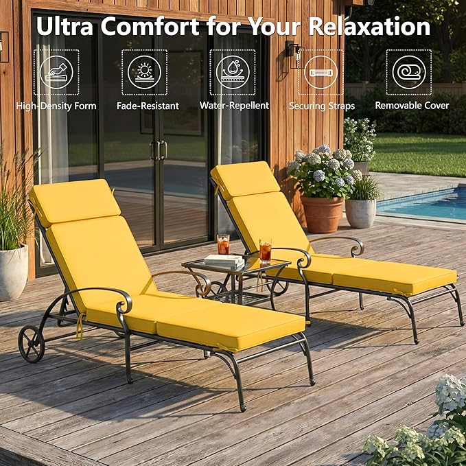 80 x 26 Inch Outdoor Chaise Lounge Cushions Set of 2 - Removable Cover, 4-Section Design, Water-Repellent & Fade-Resistant, 6 Tie Straps, Replacement for Patio & Pool Chairs - Yellow