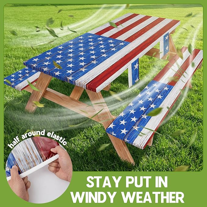 Picnic Table Cover with Bench Covers Waterproof Rectangle Tablecloth Camping Essentials Supplies Rv Travel Gear Must Haves Accessories Fitted Table Cloth Outdoor Road Trip Camper Gifts American Flag