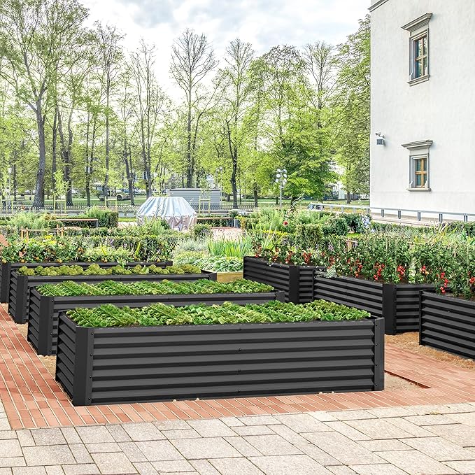 DWVO 8 x 4 x 1.5 FT Raised Garden Bed Kit, Outdoor Galvanized Flower Bed with Safety Rubber and Gloves, Large Metal Planter Box for Vegetables, Flowers, Herbs, Fruits, Black