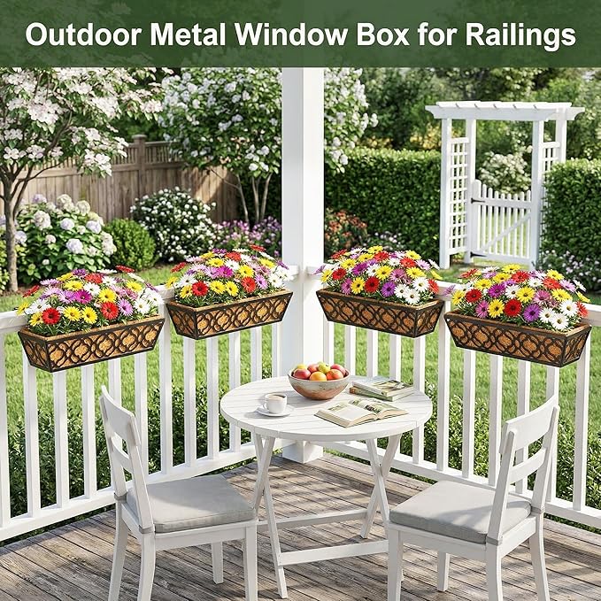 24 Inch Railing Planter Box with Coco Liner, Adjustable Metal Hanging Planter, Window Box for Balcony Deck Fence, Outdoor Flower Box Black, 4 Pack