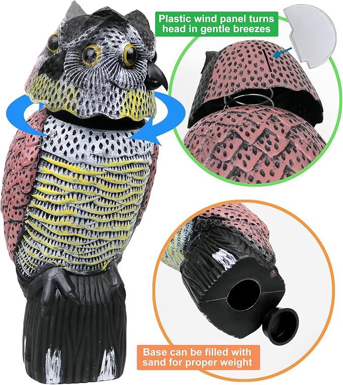 Owl Decoy to Scare Birds Away Scarecrow Fake Owl with Rotating Head 12 inch Tall (Set of 2)