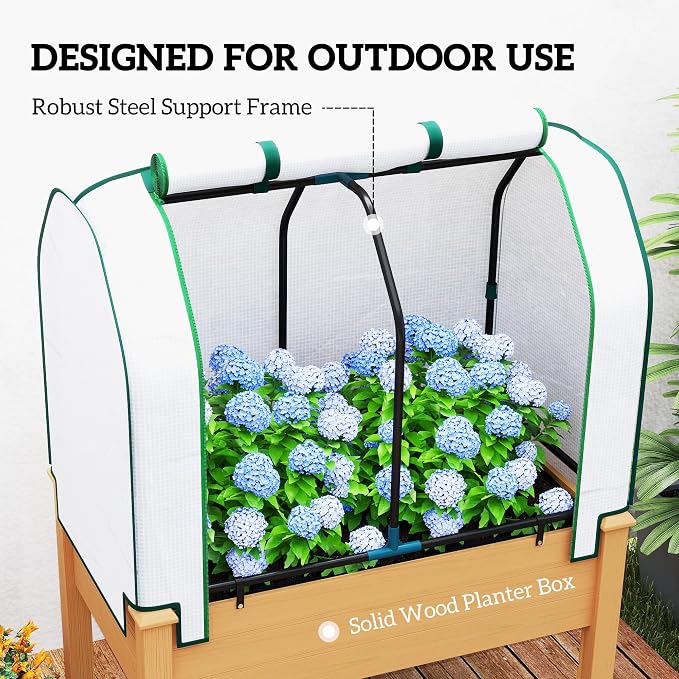 Outsunny Raised Garden Bed with PE Greenhouse Cover Outdoor Elevated Wood Planter Box for Herbs and Vegetables, Use for Patio, Backyard, Balcony, 35 x 22 x 47 inch, Sand
