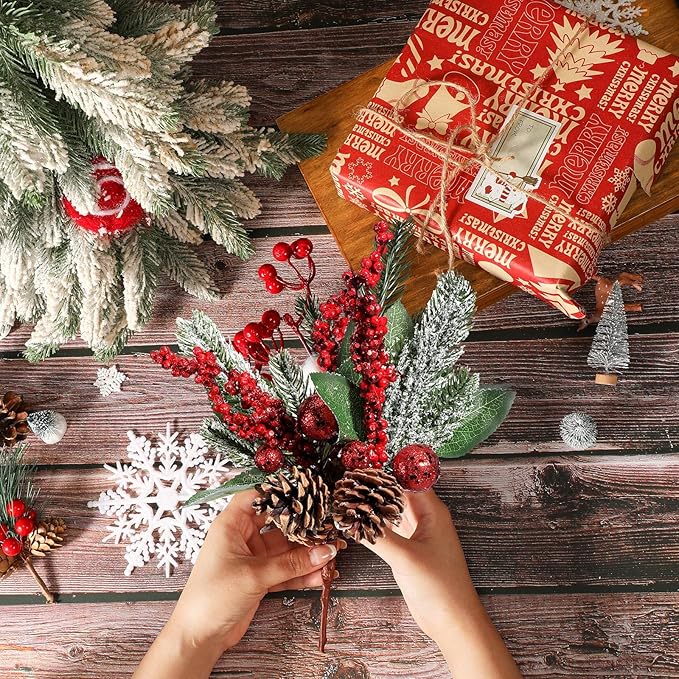Boao 12 Pieces Glittery Pine Snowy Flower Picks Artificial Holly Red Berry Pine Cone Picks Fake Berries Pine Cones for Christmas Crafts Party Festive Home Decor (Glitter Sequins Style, 11 Inch)
