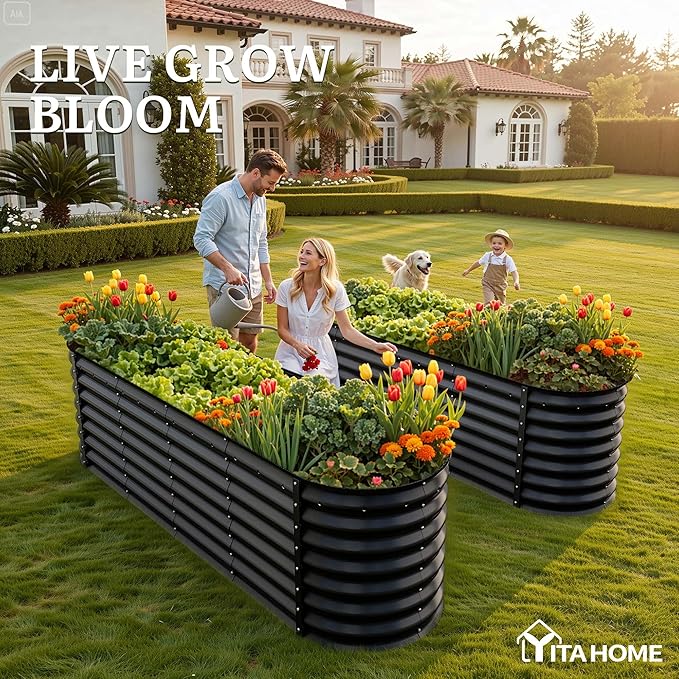 YITAHOME 8x2x2ft Raised Garden Bed Kit, 24" Tall 9 in 1 Large Galvanized Metal Planter Box with Gloves, Safety Rubber & Support Rod, Outdoor Flower Bed for Plants Vegetables Flowers, Black