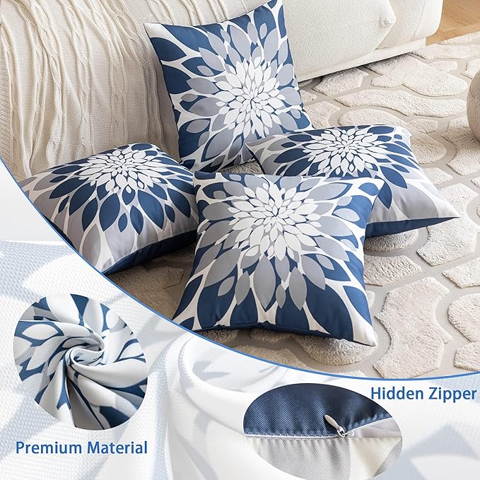 Qahing Pack of 4 Outdoor Waterproof Pillow Covers 24x24 Decorative Outdoor Throw Pillows Garden Square Cases for Patio Furniture, Couch, Tent Sunbrella, Bench, Blue Grey