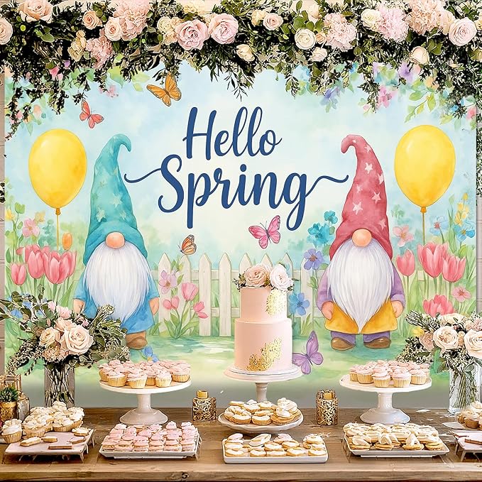 BlissYard Hello Spring Backdrop Cute Gnome Garden Scene Colorful Flowers Butterfly Fence Photo Booth Background Spring Party Home Decoration 8x6ft for Birthday Celebration Classroom Event Display