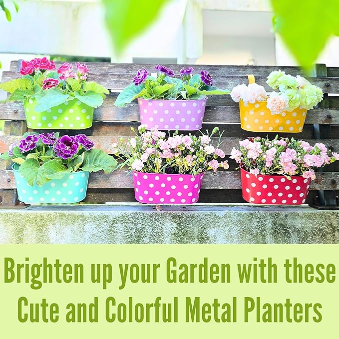 LaLaGreen Rail Planter Outdoor Plants (17 Inch, 6 Pack) Large Colorful Metal Iron Hanging Flower Pot Deck Railing Fence Buckets Countryside Style Window Plant Holder Hooks Porch Decor