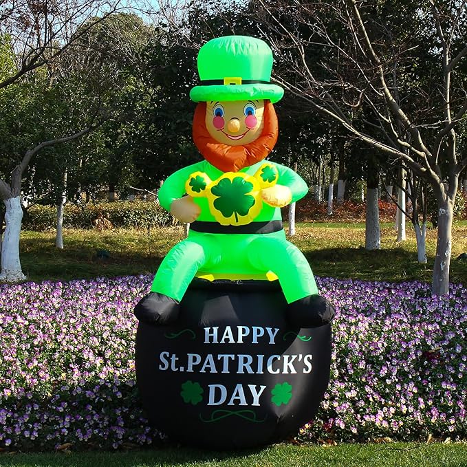 6 FT St. Patrick's Day Inflatable Leprechaun, Blow up Leprechaun Sits on Cornucopia Outdoor Decoration with LED Lights, for Yard Garden Lawn Front Door Holiday Decor (6FT Leprechaun on Cornucopia)