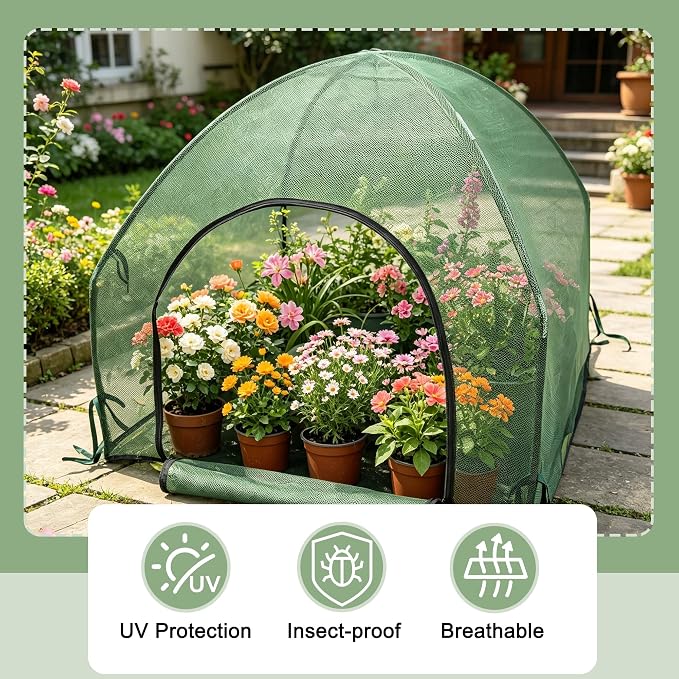 2.7*2.7*2.5FT Shade Mesh Plant Tent Cover 100 GSM Heavy-Duty Garden Net Cage with Fiberglass Poles & Zipper Door, Multi Sizes with Ground Stakes for Raised Bed Seedling Flower Vegetable Planting