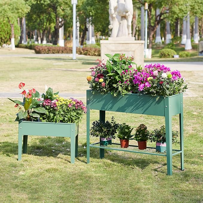 Raised Garden Bed, Elevated Planter Green Metal Plant Box with Legs Standing Garden Stand Drainage Holes Green