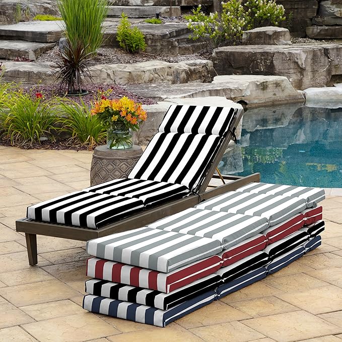 Arden Outdoor Chaise Cushion, 21 in x 72 in, Weather-Proof, Rain-Proof, Fade Resistant Patio Cushion for Chaise Lounger Black Cabana Stripe