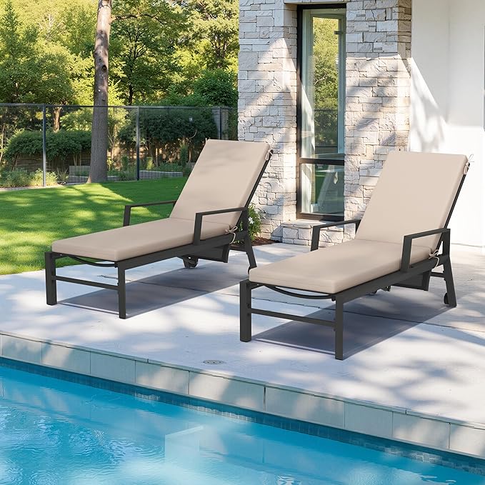 Crestlive Outdoor Chaise Lounge Cushions, 3 Years Fade Resistant Water Resistant Lounge Chair Cushion, 72''L x 21''W, Set of 2, Beige