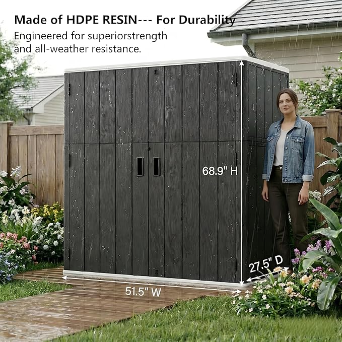 Outdoor Storage Shed 57 Cu.ft Weatherproof Resin Storage Cabinet with Floor, Lockable Vertical Shed for Garden Tools, Lawn Mower, Pool Equipment & Organization – Shelves Not Included