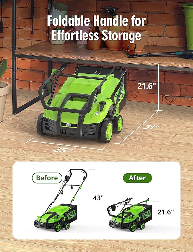 Electric Dethatcher Scarifier, 16-Inch 15 Amp Lawn Dethatcher with 5-Position Depth Adjustment, 14.5 Gal Removable Thatch Collection Bag, Quick-Fold, Keeps Lawn Health