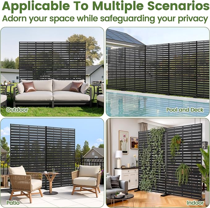 Outdoor Privacy Screen 60" H HDPE Decorative Panel Freestanding Privacy Fence with Stand, Privacy Screens with Louvered 5 Panels, Weather-Resistant Panel Fence for Patio, Balcony, Pool, Black